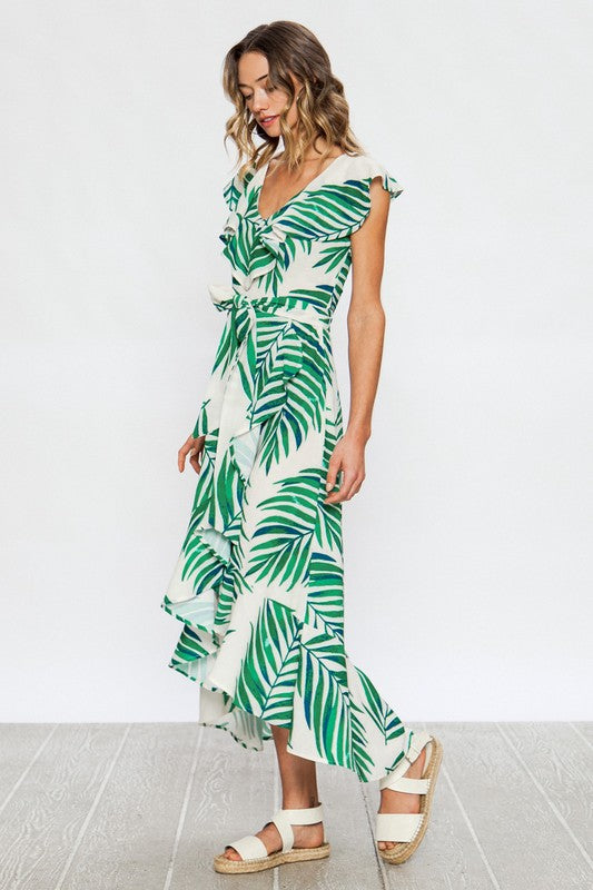 Fashion Green Leaf Print Ruffle V-Neck Maxi Dress