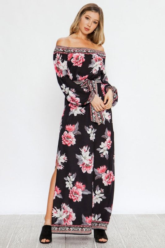 Fashion Off Shoulder Multi-Color Floral Print Tie-Up Black Maxi Dress with Long Sleeve