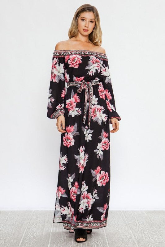 Fashion Off Shoulder Multi-Color Floral Print Tie-Up Black Maxi Dress with Long Sleeve