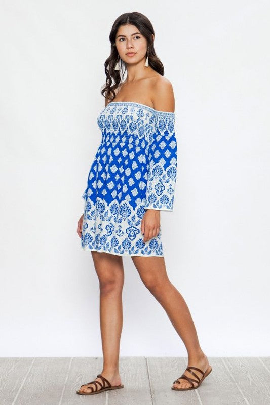 Fashion Strapless Elastic Blue Baroque Print Dress with Bell Sleeve