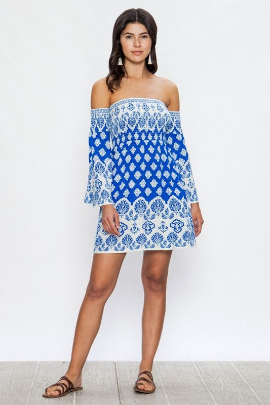 Fashion Strapless Elastic Blue Baroque Print Dress with Bell Sleeve