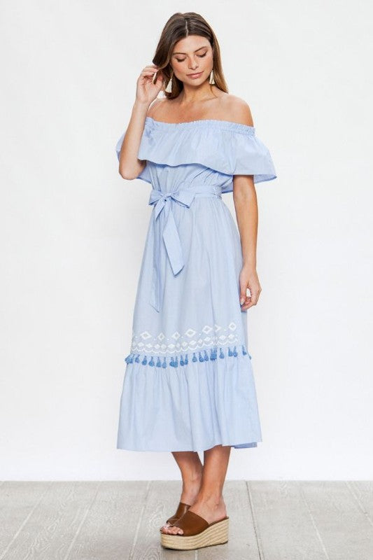Fashion Summer Off Shoulder Light Blue Tie-Up Ruffle Tassel Maxi Dress