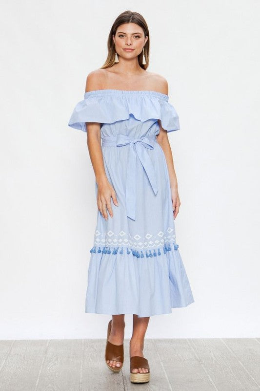 Fashion Summer Off Shoulder Light Blue Tie-Up Ruffle Tassel Maxi Dress