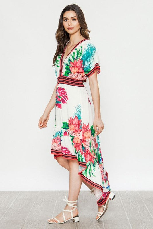 Fashion Ivory V-Neck Multi-Color Floral Print Maxi Dress