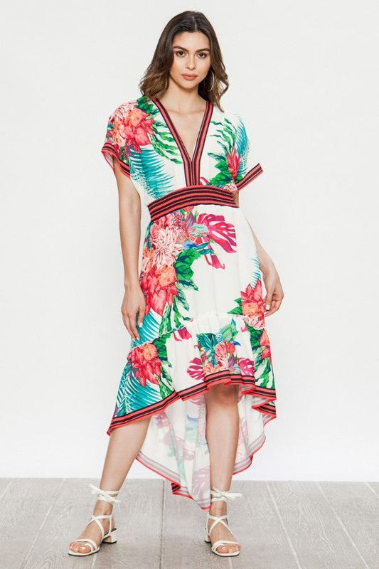 Fashion Ivory V-Neck Multi-Color Floral Print Maxi Dress