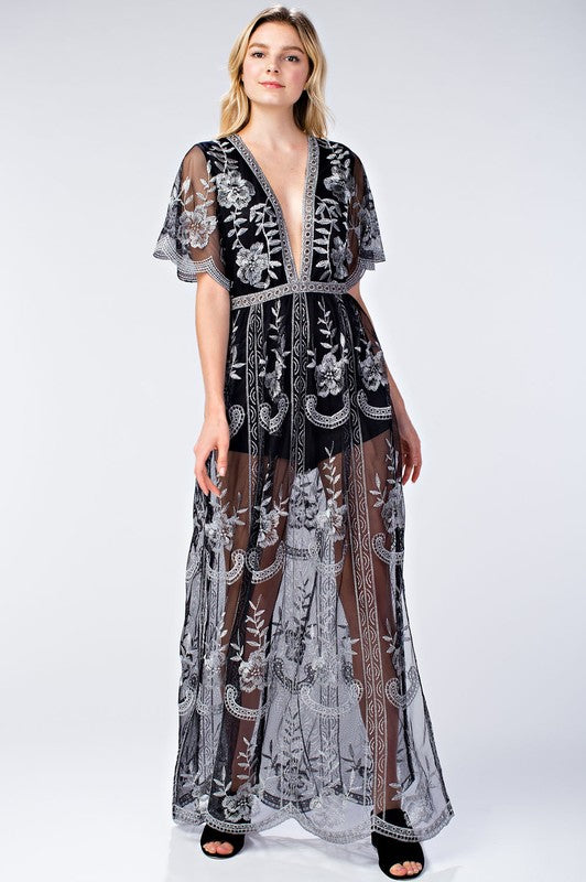 Elegant V-Neck Silver Floral Lace Black Maxi Romper
