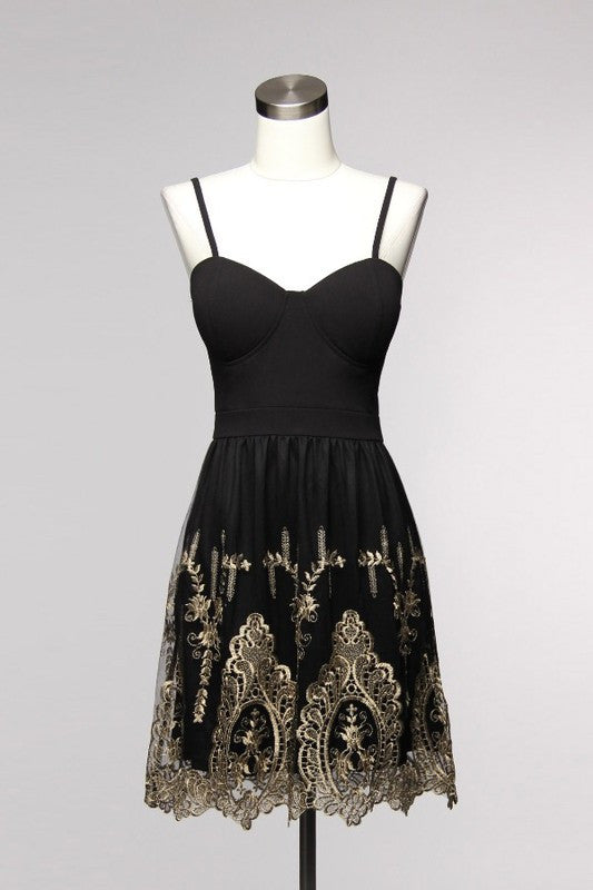 Elegant Gold Embroidery Black Cocktail Dress