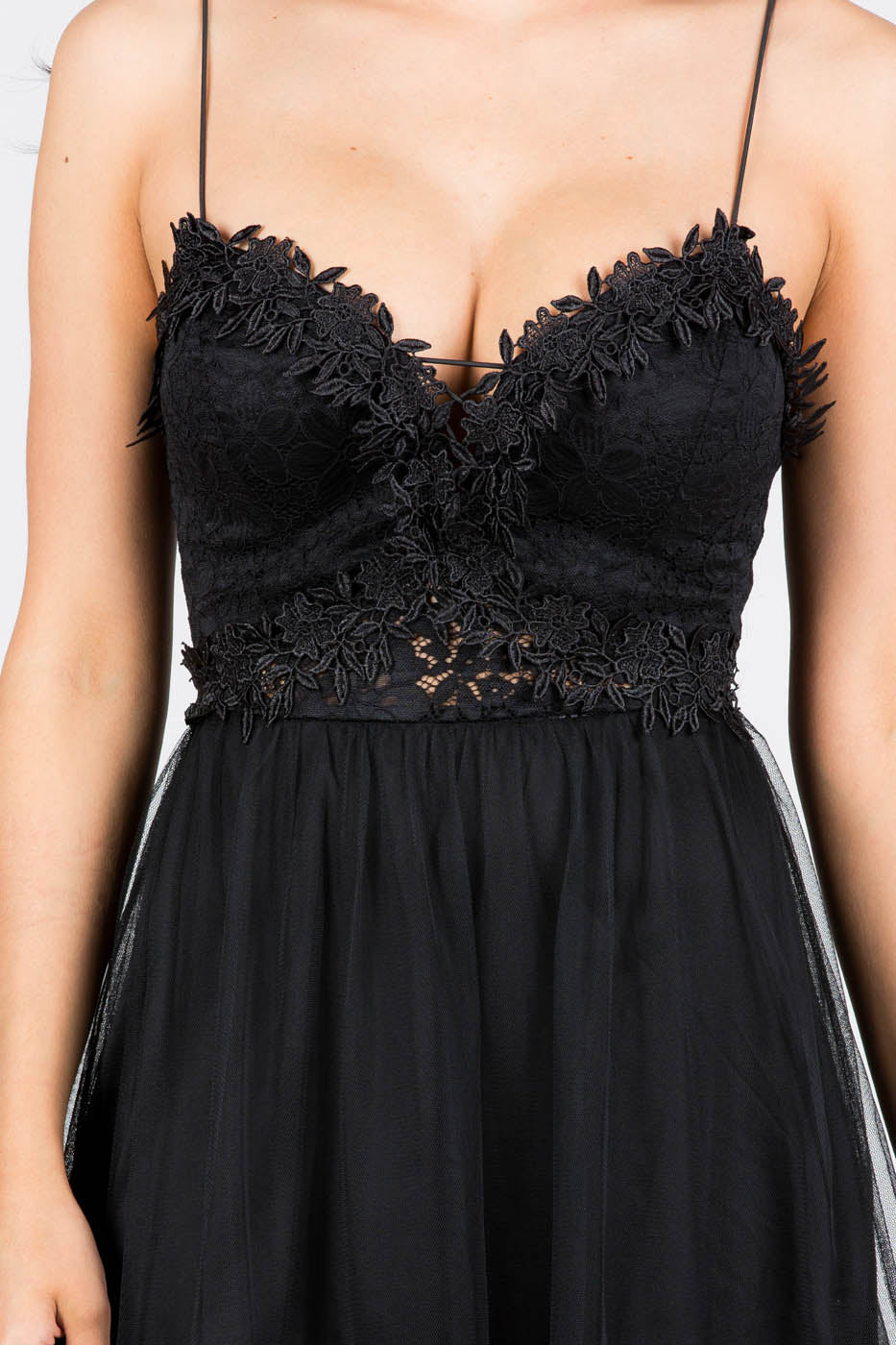 Elegant Strap V Neck Black Lace Flare Dress