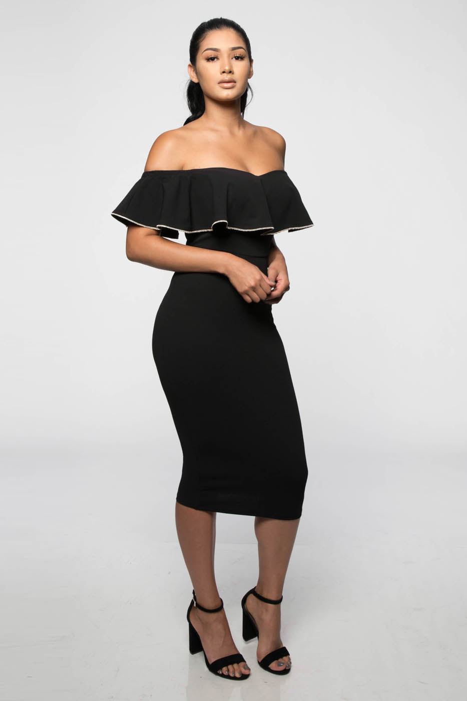 Elegant Off Shoulder Black Ruffle Crystal Detailed Dress