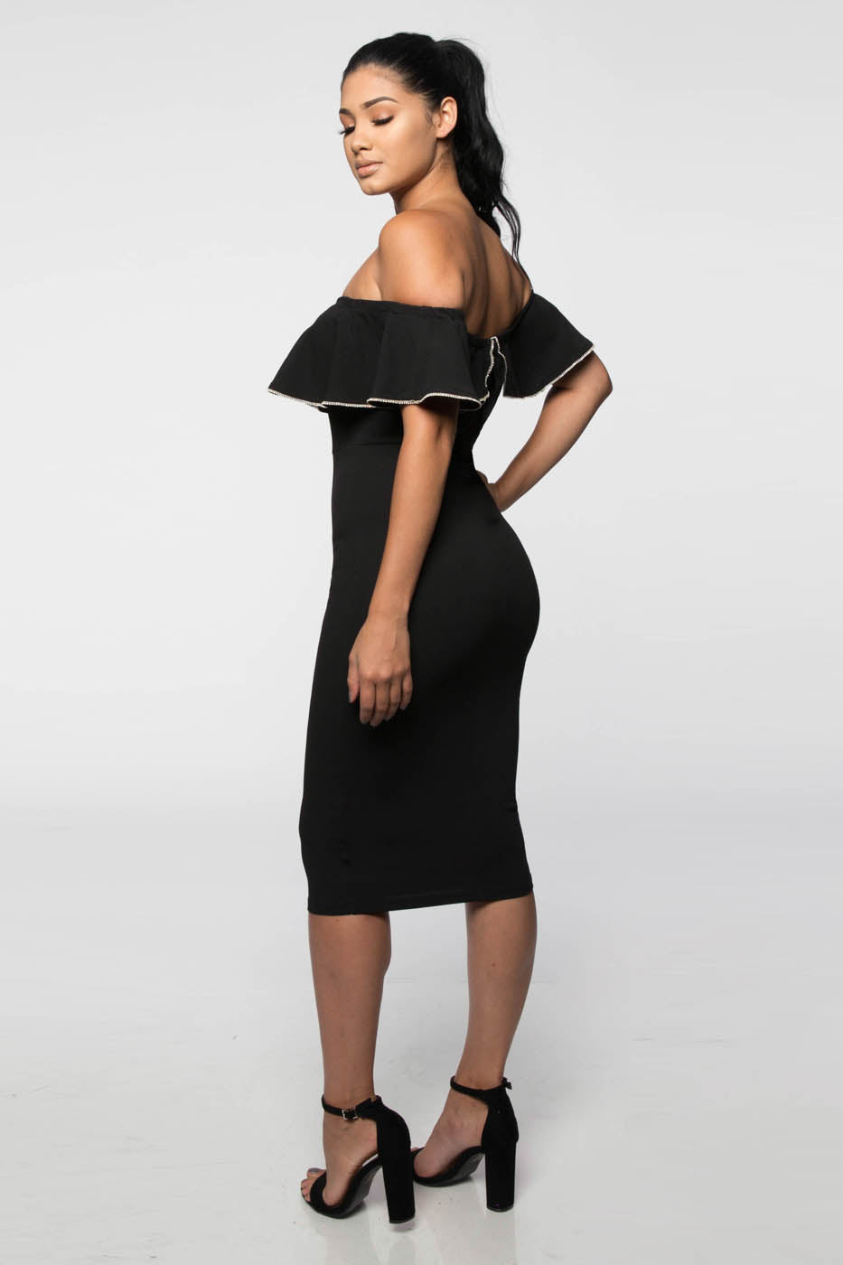 Elegant Off Shoulder Black Ruffle Crystal Detailed Dress