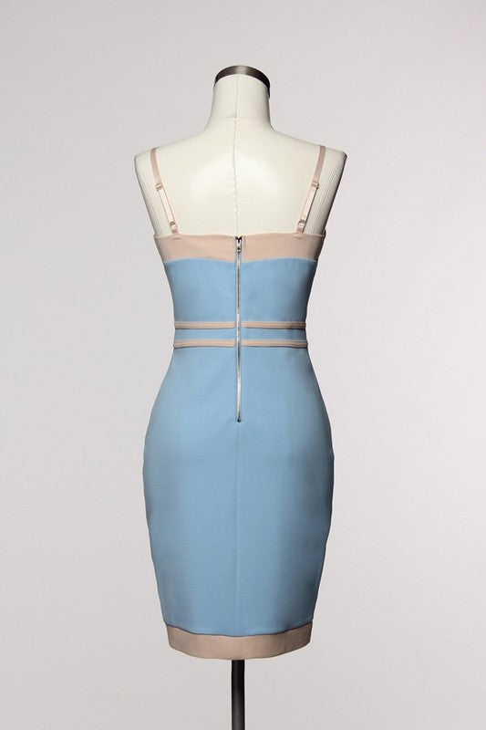 Elegant Contrast Blue Beige Dress
