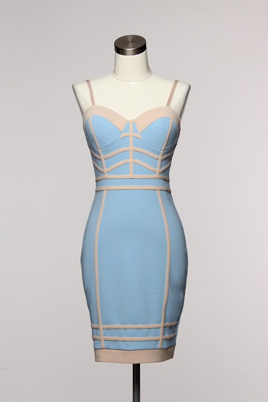 Elegant Contrast Blue Beige Dress