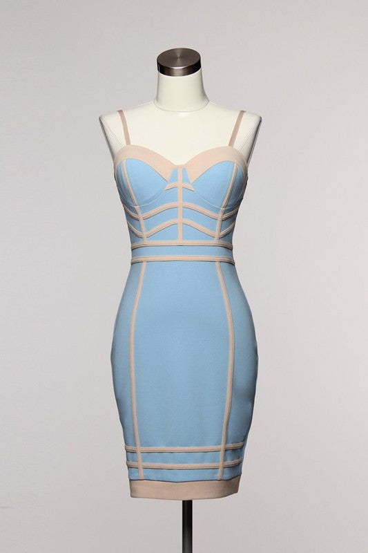 Elegant Contrast Blue Beige Dress