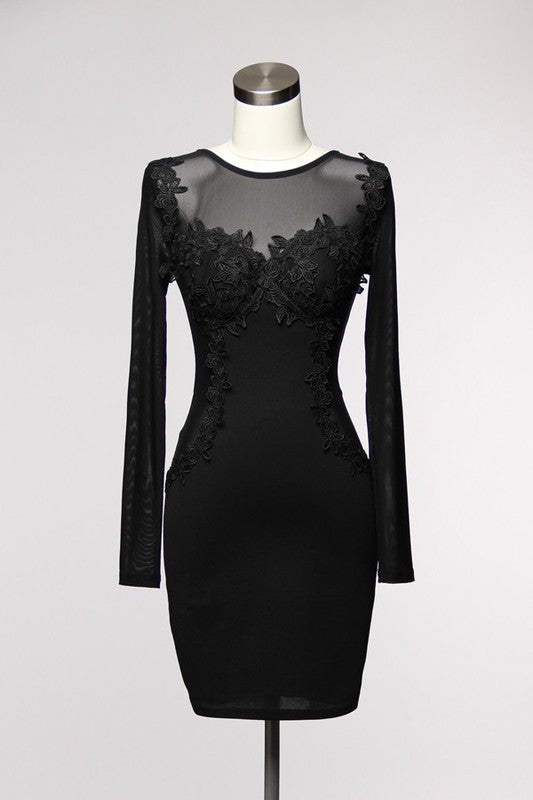 Elegant Floral Lace Long Sleeve Black Dress