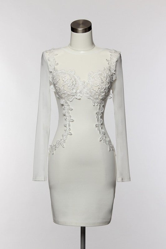 Elegant Floral Lace Long Sleeve White Dress