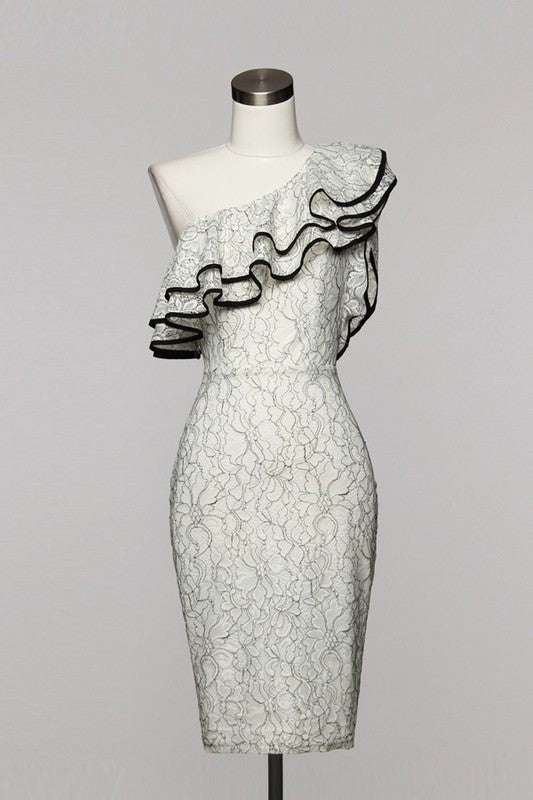 Elegant Ivory Contrast Lace Asymmetric Ruffle Dress
