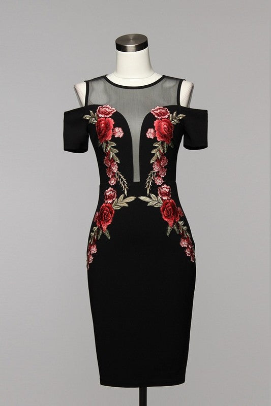 Elegant Rose Embroidery Off Shoulder Black Dress