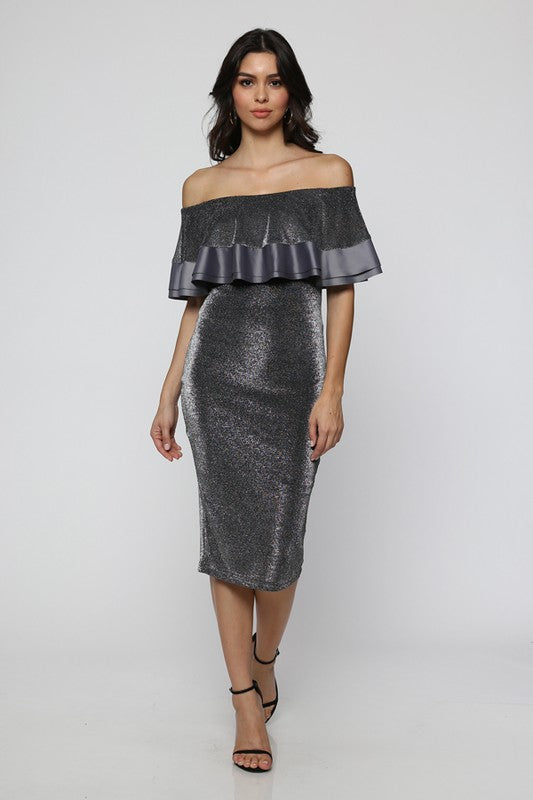 Elegant Off Shoulder Silver Ruffle Dress
