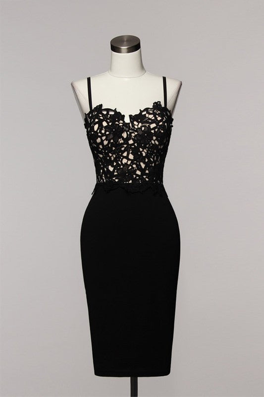Elegant Contrast Floral Lace Black Dress