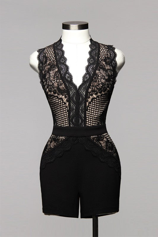 Elegant Contrast Lace Black Romper