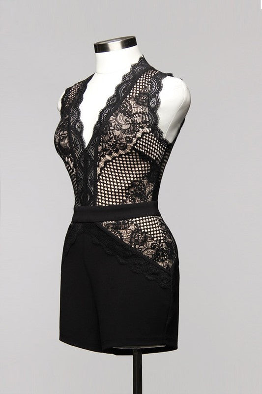 Elegant Contrast Lace Black Romper