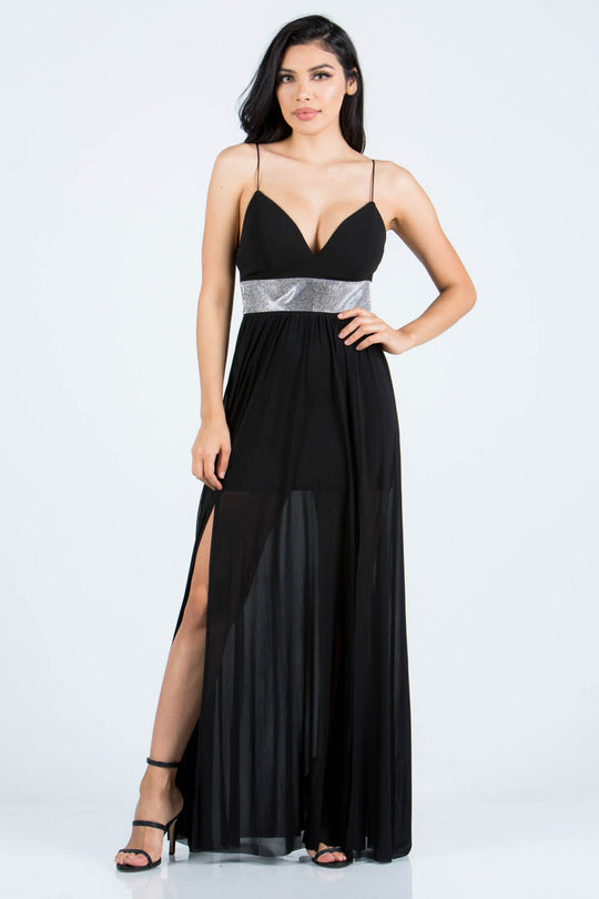 Elegant Strap V-Neck Crystal Black Maxi Dress