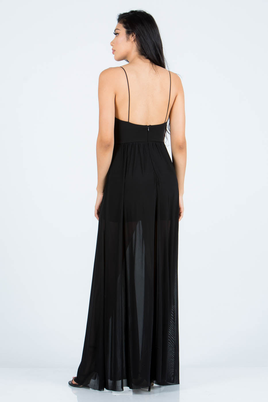 Elegant Strap V-Neck Crystal Black Maxi Dress
