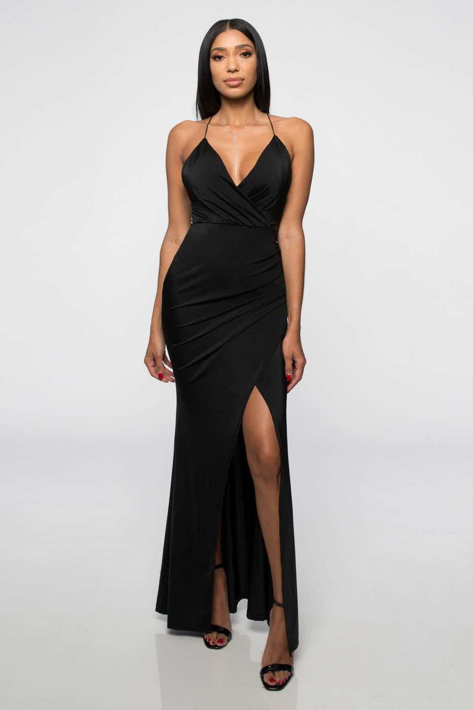 Fashion Strap Black Maxi Dress with Middle Slit
