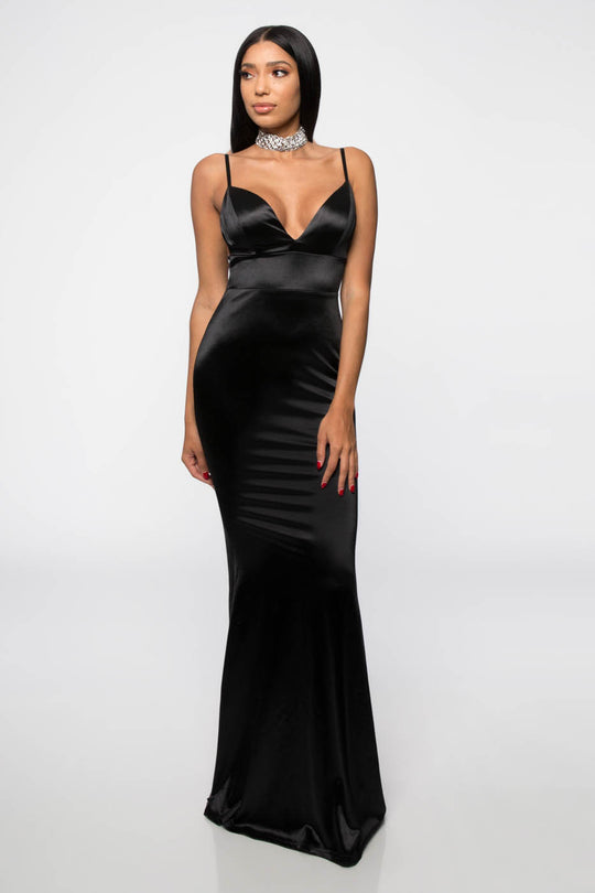 Fashion Strap Open Back Satin Black Maxi Dress