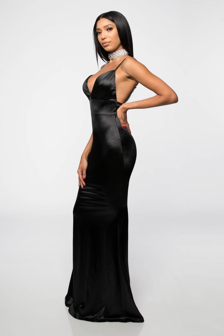 Fashion Strap Open Back Satin Black Maxi Dress