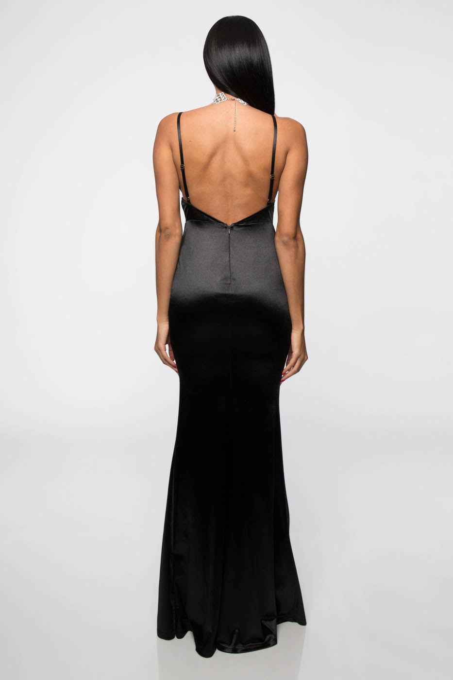 Fashion Strap Open Back Satin Black Maxi Dress