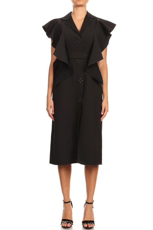 Elegant Black Ruffle Sleeveless Button Down Dress