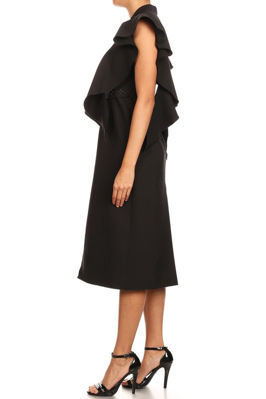 Elegant Black Ruffle Sleeveless Button Down Dress