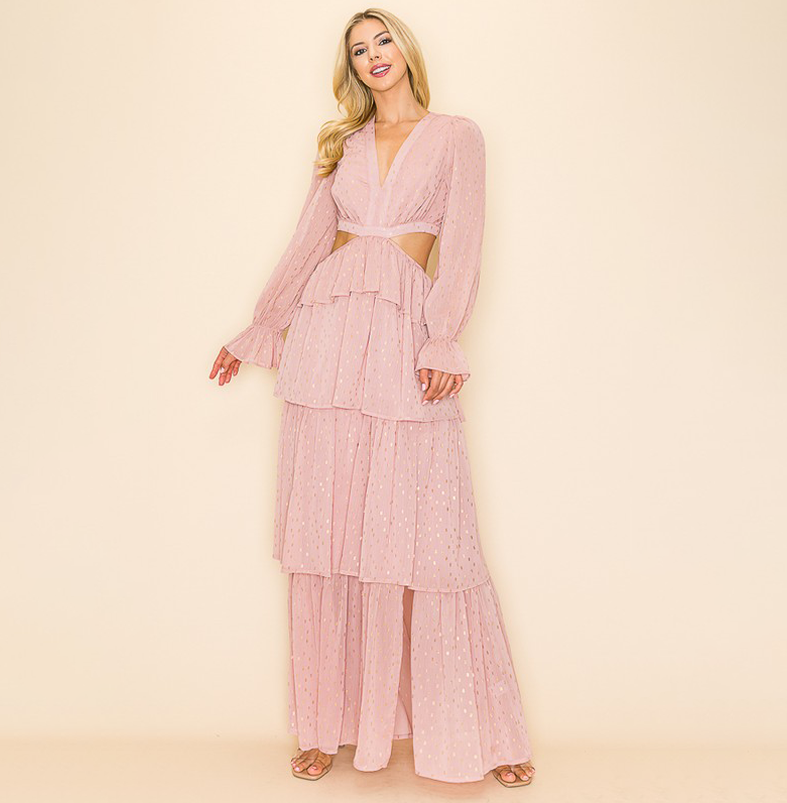 Elegant Dusty Pink Gold Detailed Print V-Neck Ruffle Cut-Out Back Tie-Up Maxi Dress with Long Sleeve