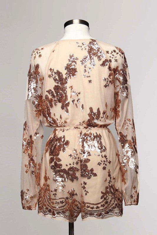 Elegant Rose Gold Sequence Long Sleeve Romper EDITE MODE Elegant Rose Gold Sequence Long Sleeve Romper EDITE MODE