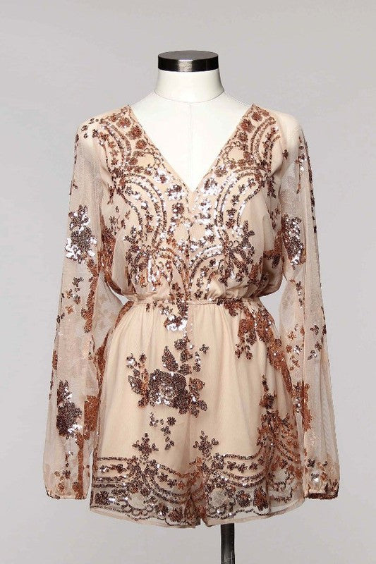 Elegant Rose Gold Sequence Long Sleeve Romper