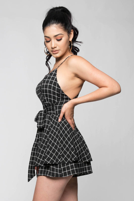 Fashion Summer Strap Black Checkered Ruffle Romper