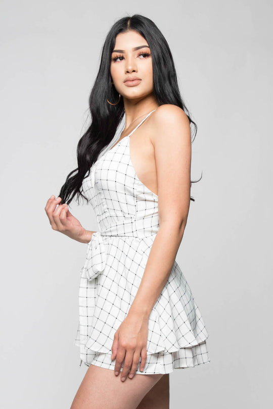 Fashion Summer Strap White Checkered Ruffle Romper