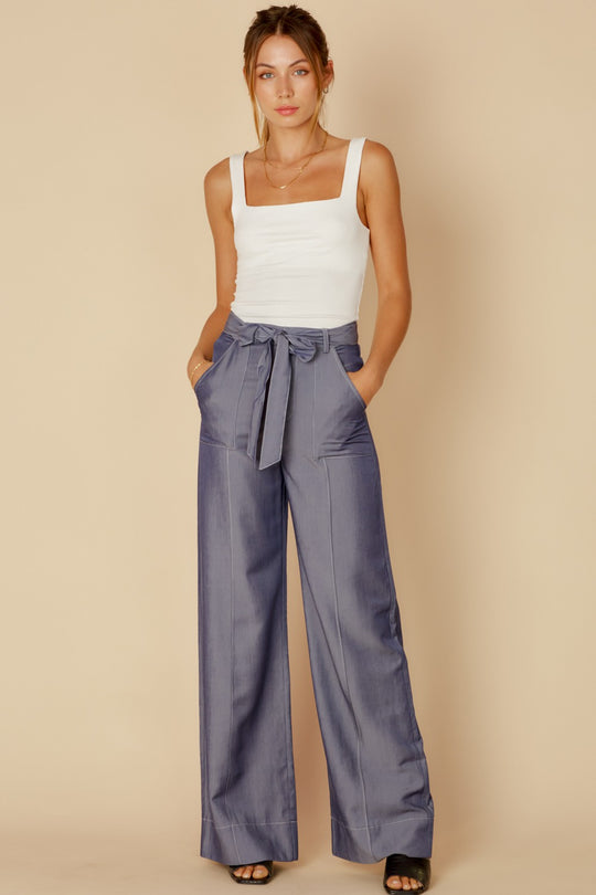 Elegant Navy Denim High Waisted Tie-Up Palazzo Pants