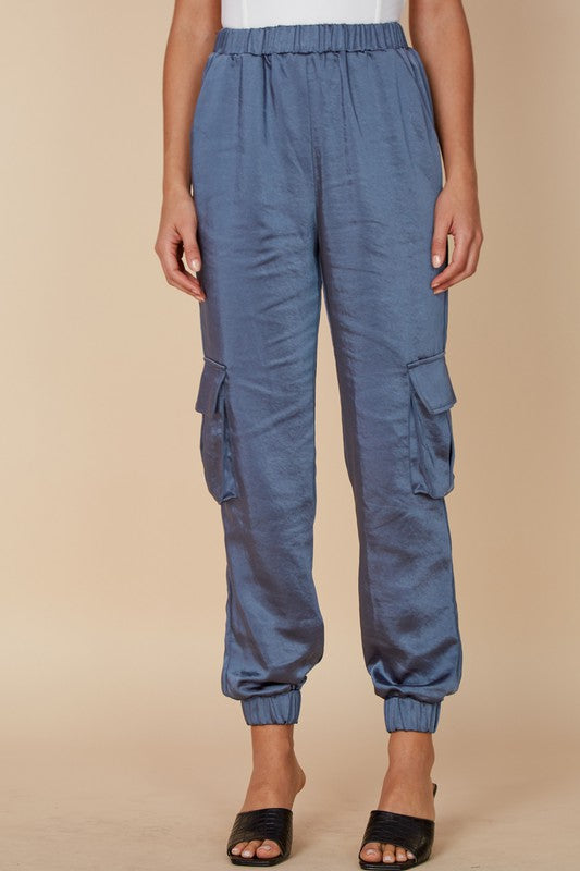 Elegant Blue Denim Satin Cargo Jogger Pants