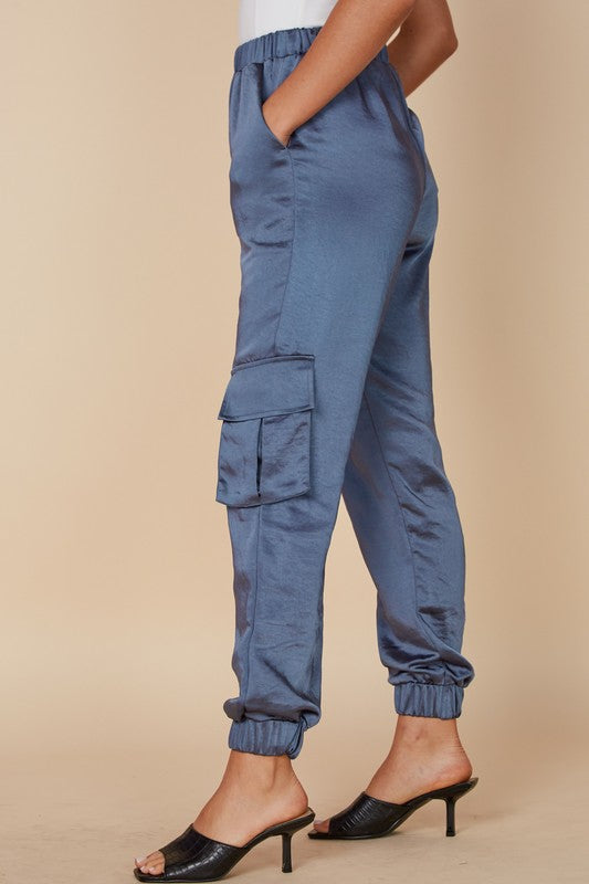 Elegant Blue Denim Satin Cargo Jogger Pants