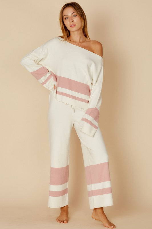 Fashion Casual Ivory Pink Sweater Palazzo Pants