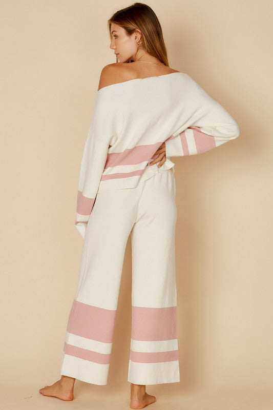 Fashion Casual Ivory Pink Sweater Palazzo Pants
