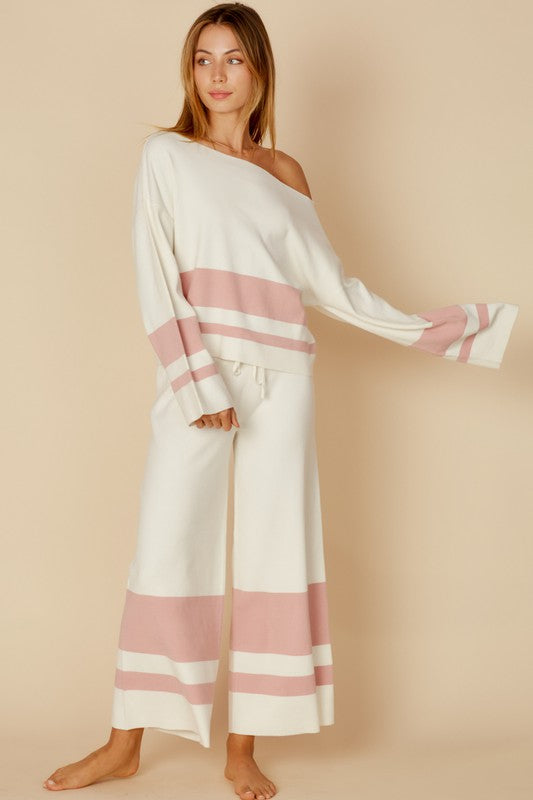 Fashion Casual Ivory Pink Sweater Palazzo Pants
