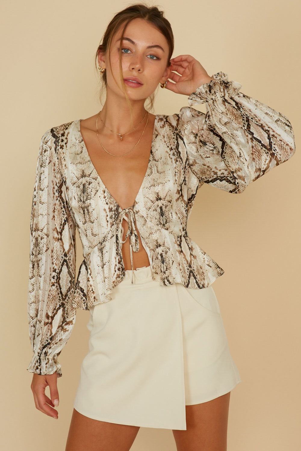 Elegant Taupe Multi-Color Animal Print Gold Detailed Front Tie-Up Crop Top with Long Sleeve