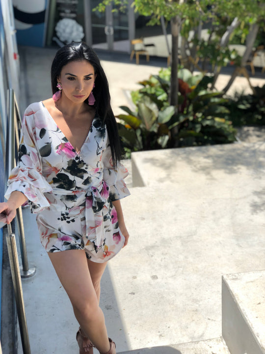 Fashion Floral Print Ruffle Sleeve Wrap Up Multi-Color Top