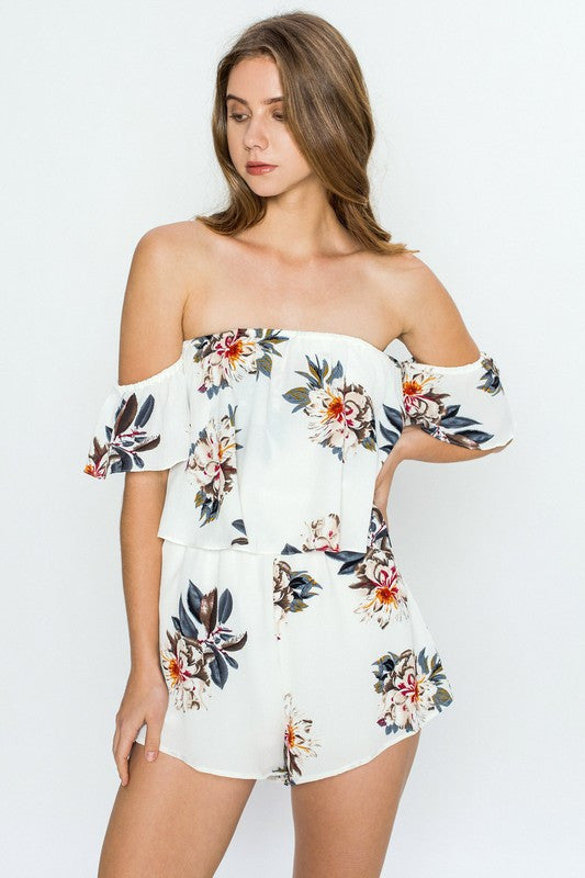 Summer Casual Off Shoulder Floral Print White Romper