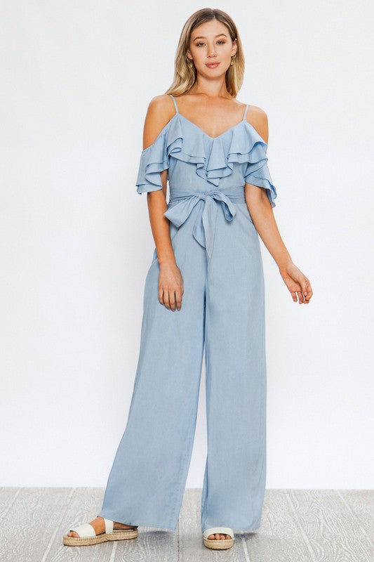 Fashion Strap Cold Shoulder Ruffle Tie-Up Indigo Jumpsuit