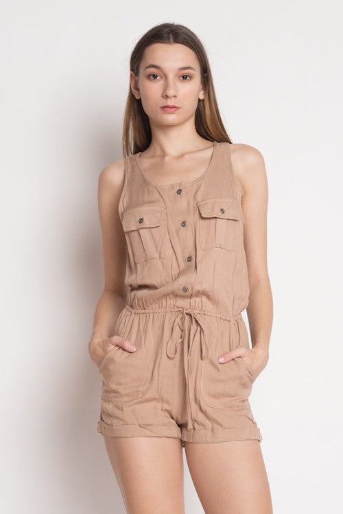Casual Dark Beige Sleeveless Button Down Romper