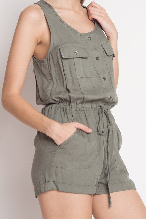 Casual Olive Sleeveless Button Down Romper